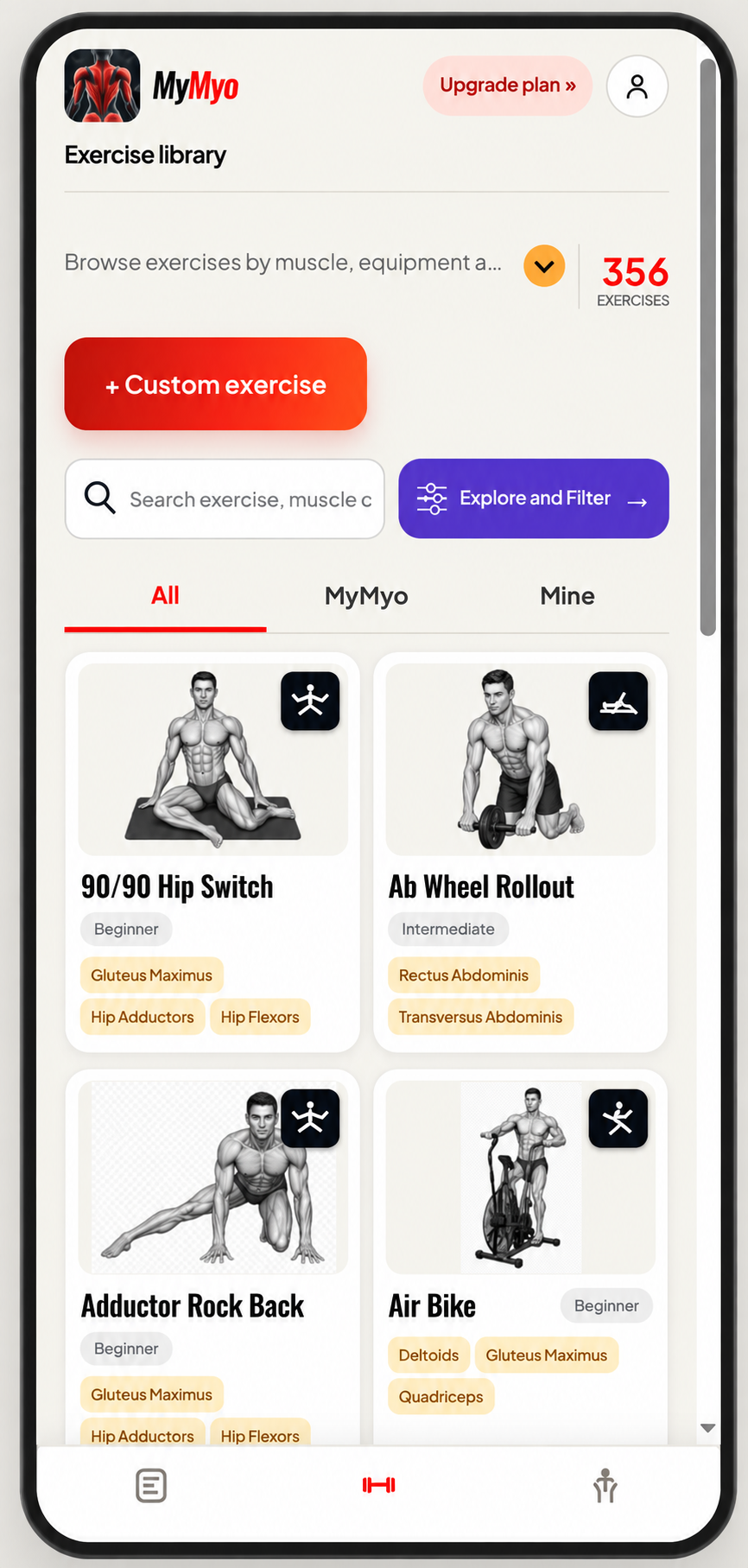 MyMyo exercise library showing exercise previews, search and muscle filters